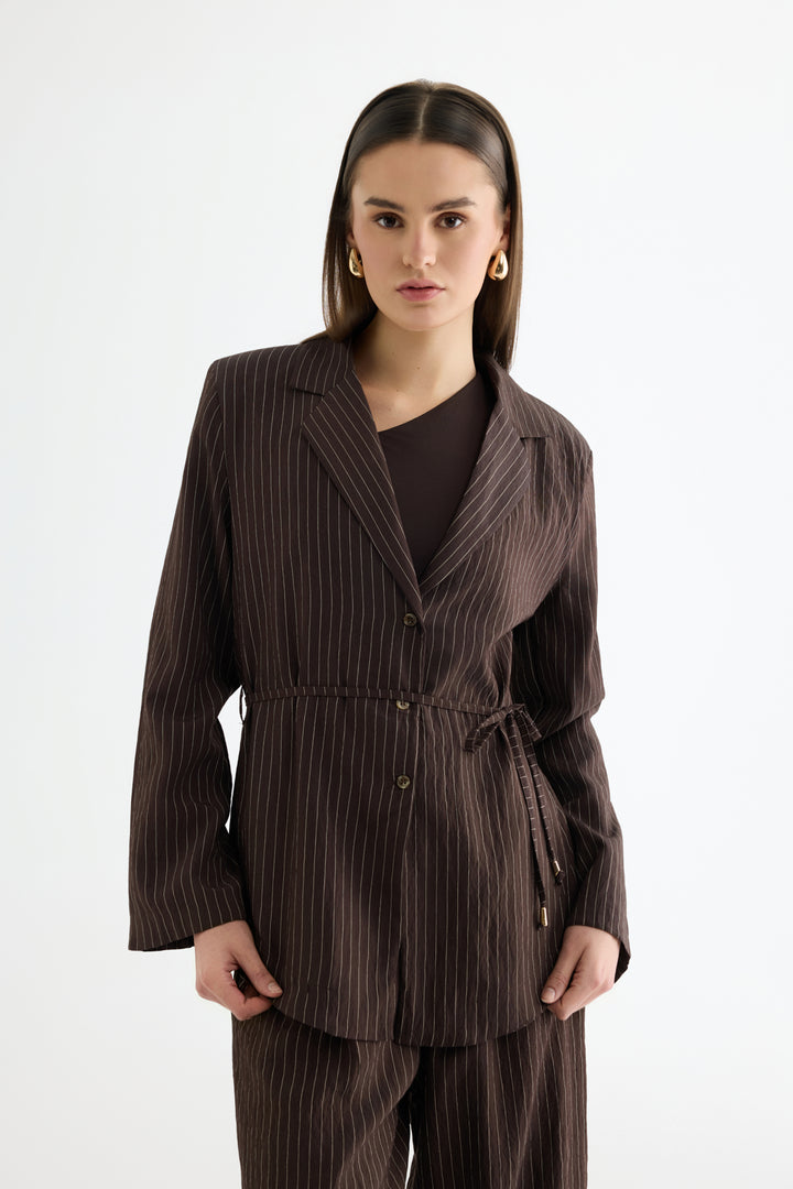 Çizgili Bağcıklı Gömlek Ceket Kahverengi