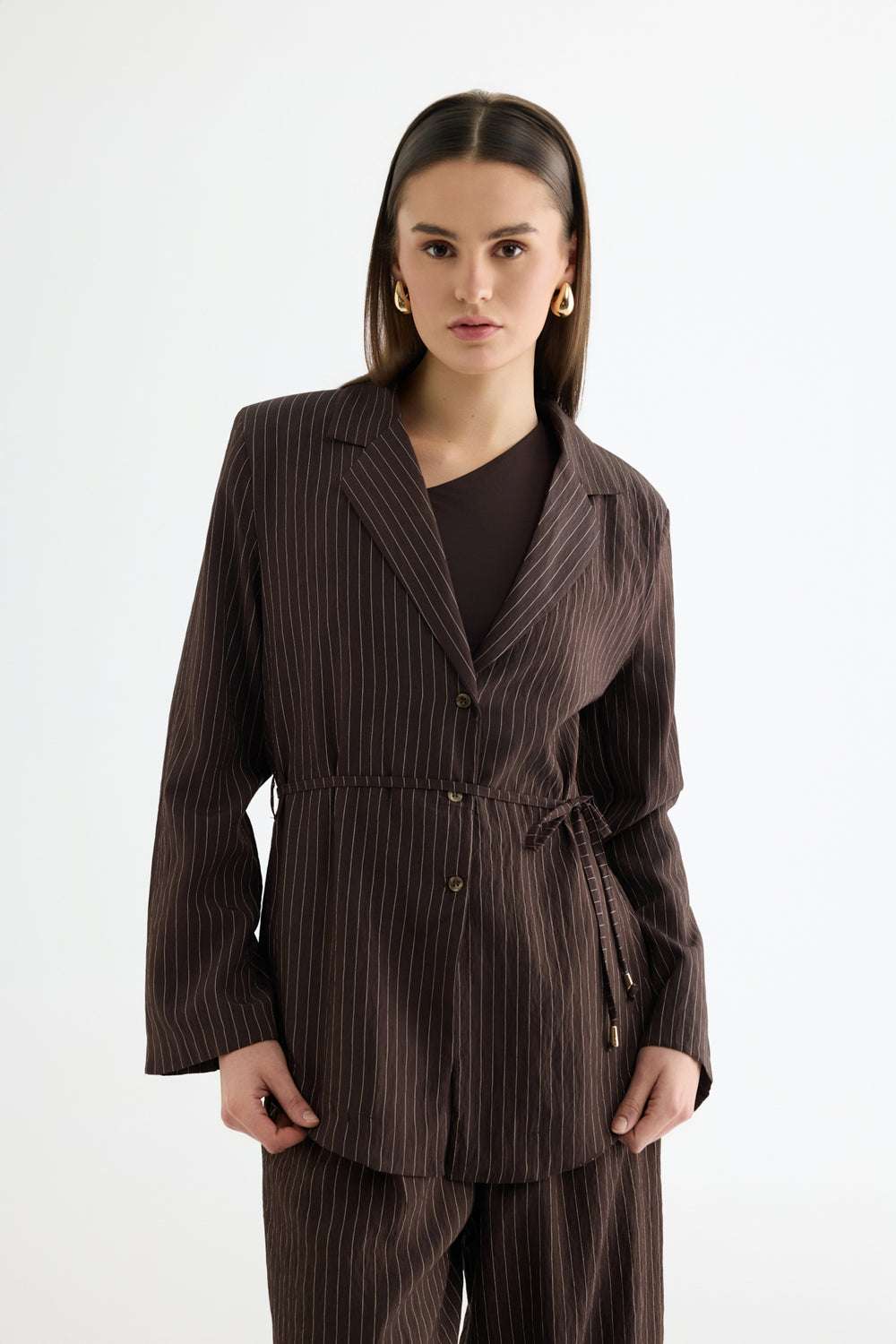 Çizgili Bağcıklı Gömlek Ceket Kahverengi