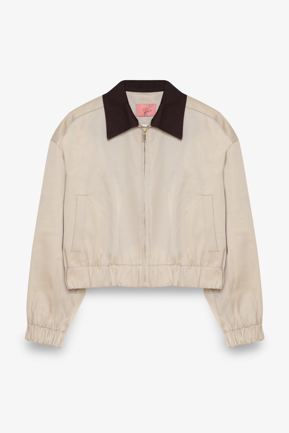 Kontrast Yaka Fermuarlı Bomber Ceket Bej
