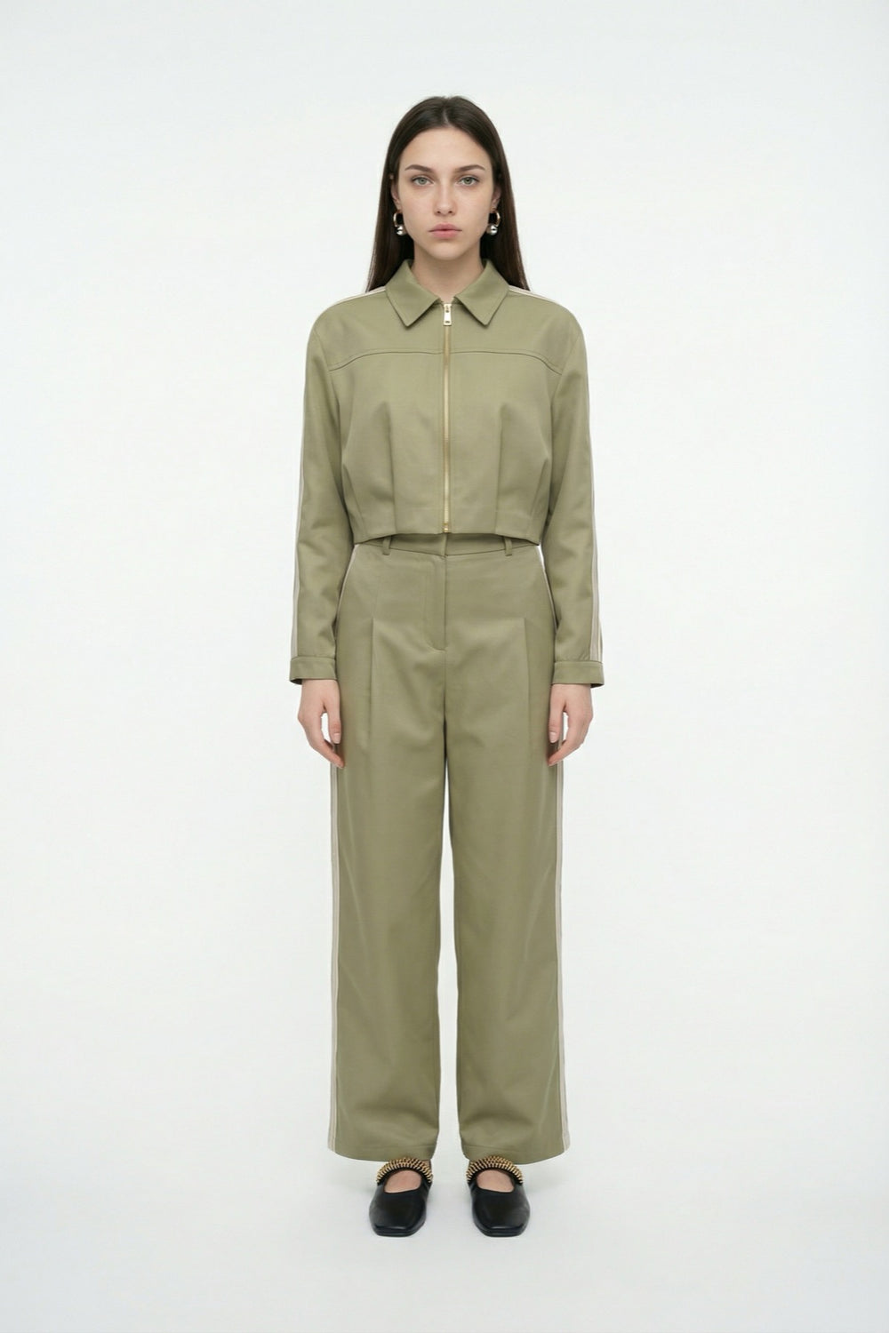 Ön Pileli Şeritli Crop Ceket Haki