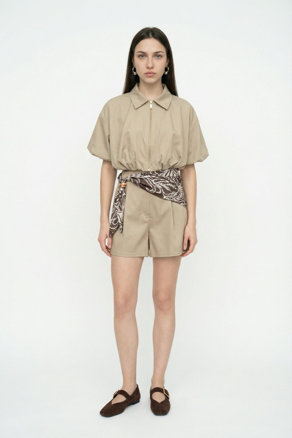 Fermuarlı Balon Kesim Crop Ceket Bej