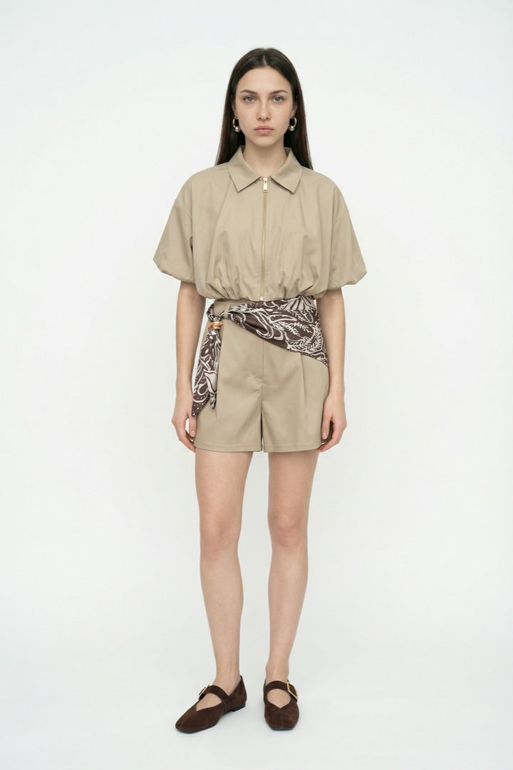 Fermuarlı Balon Kesim Crop Ceket Bej