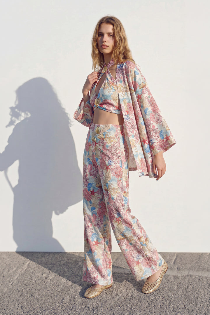 Çiçek Desenli Kısa Kimono Pembe