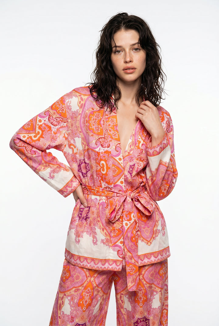 Şal Desenli Kuşaklı Kısa Kimono Pembe