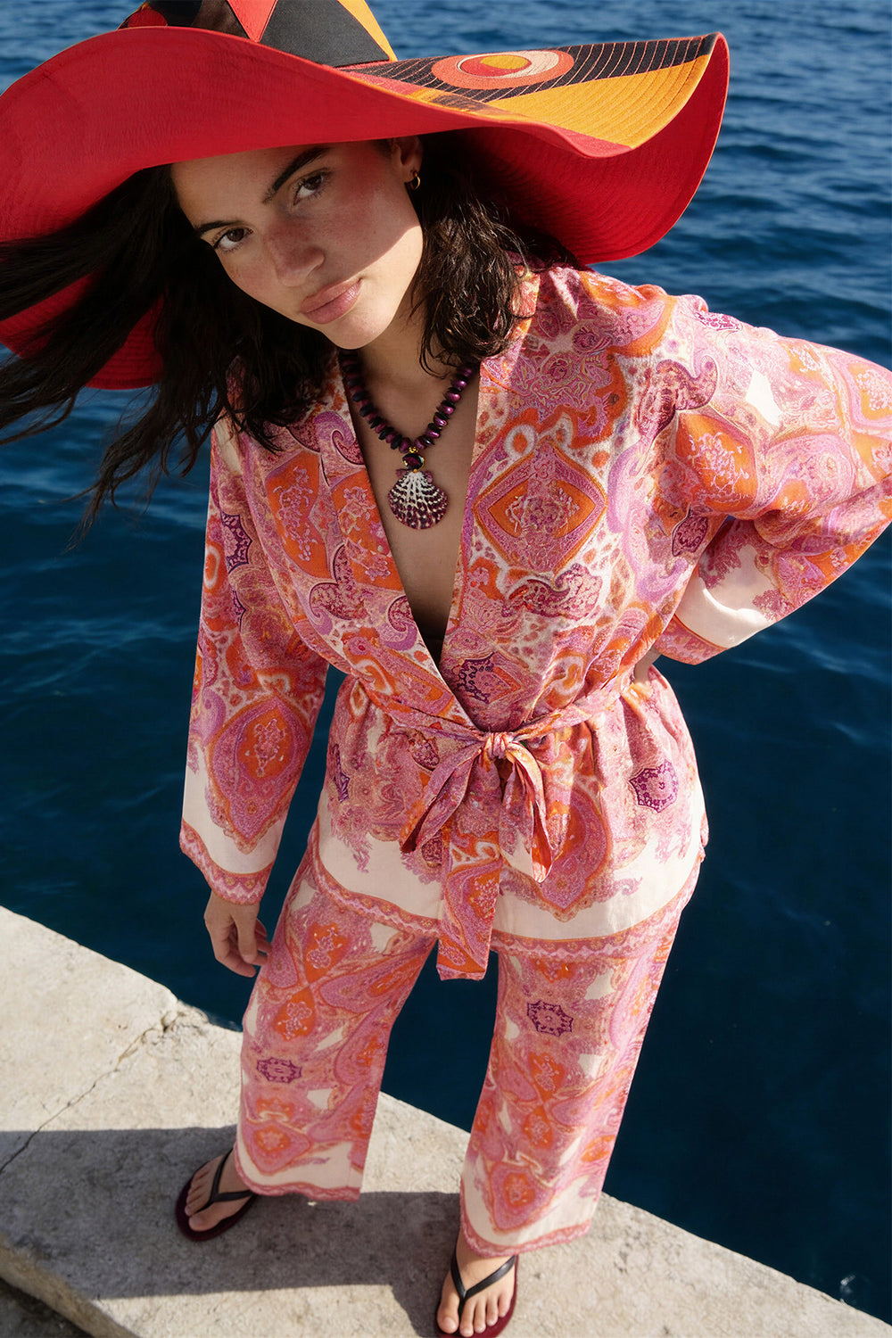 Şal Desenli Kuşaklı Kısa Kimono Pembe