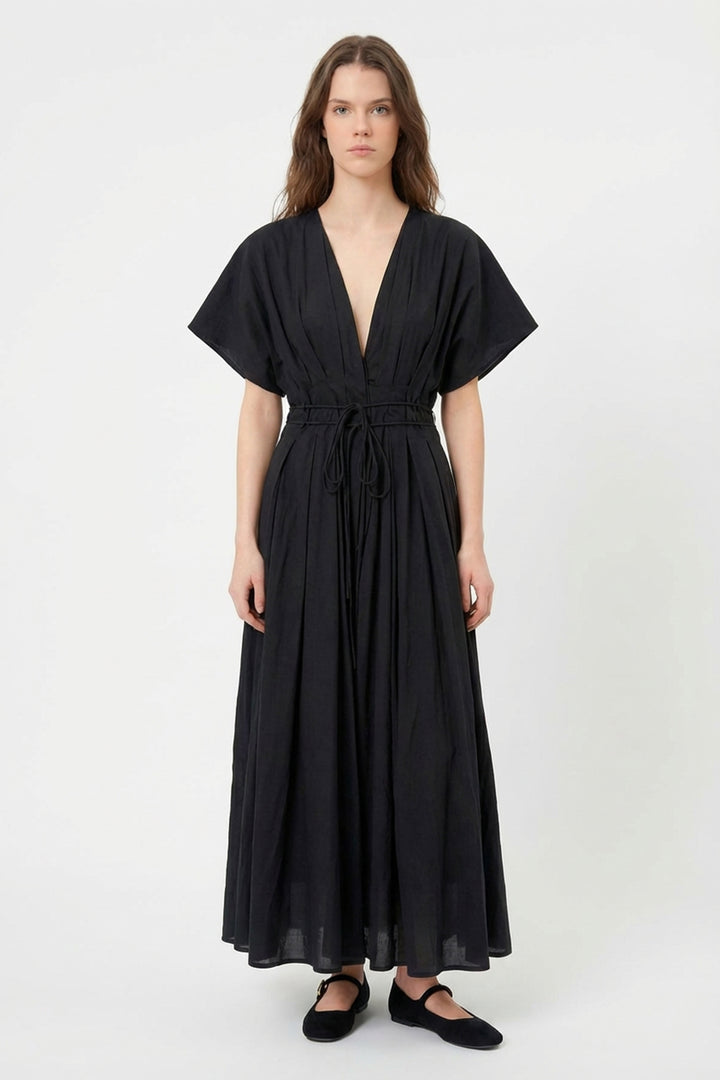 Beli Bağcıklı V Yaka Midi Elbise Siyah