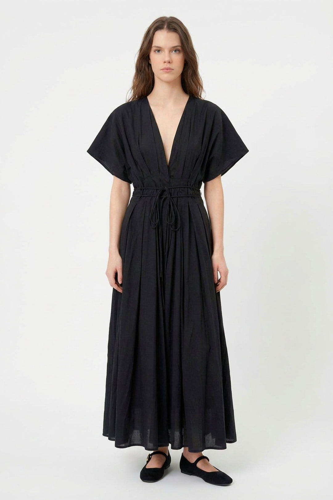 Beli Bağcıklı V Yaka Midi Elbise Siyah