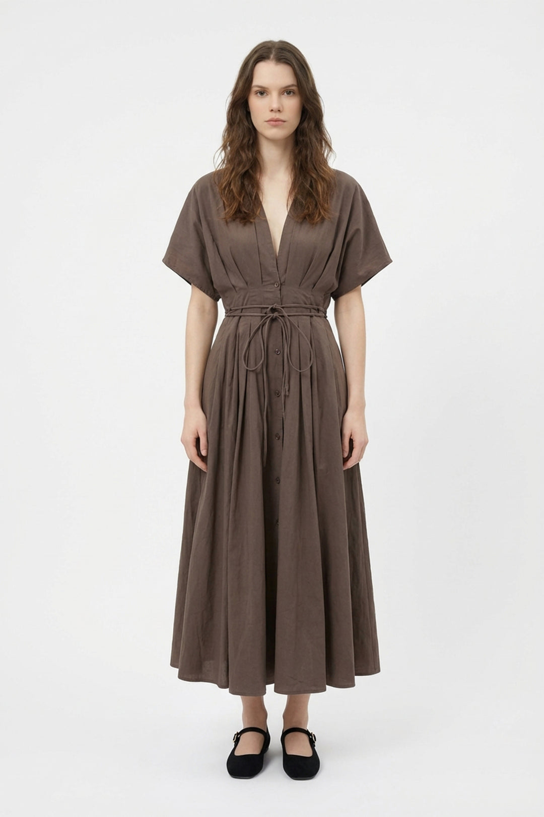 Beli Bağcıklı V Yaka Midi Elbise Kahverengi