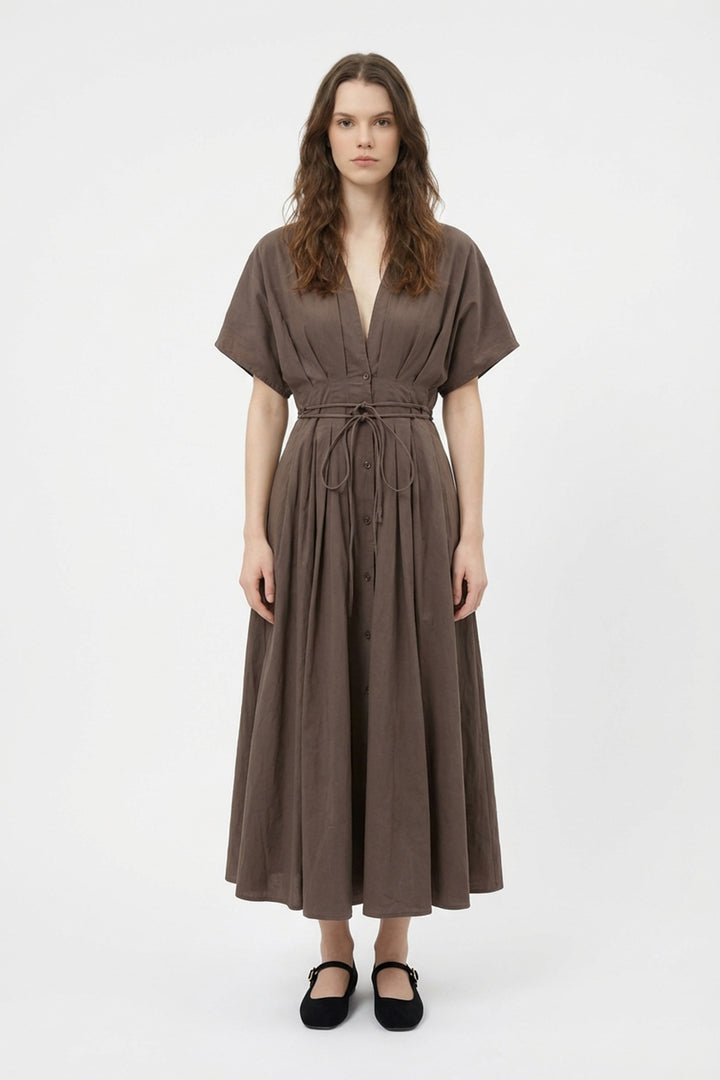 Beli Bağcıklı V Yaka Midi Elbise Kahverengi