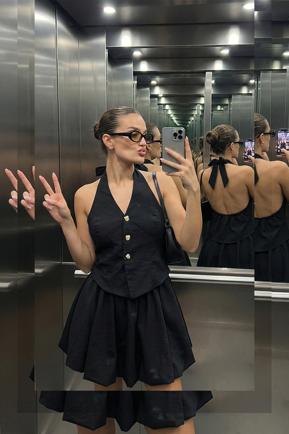 Halter Yaka Yelek Formlu Balon Elbise Siyah