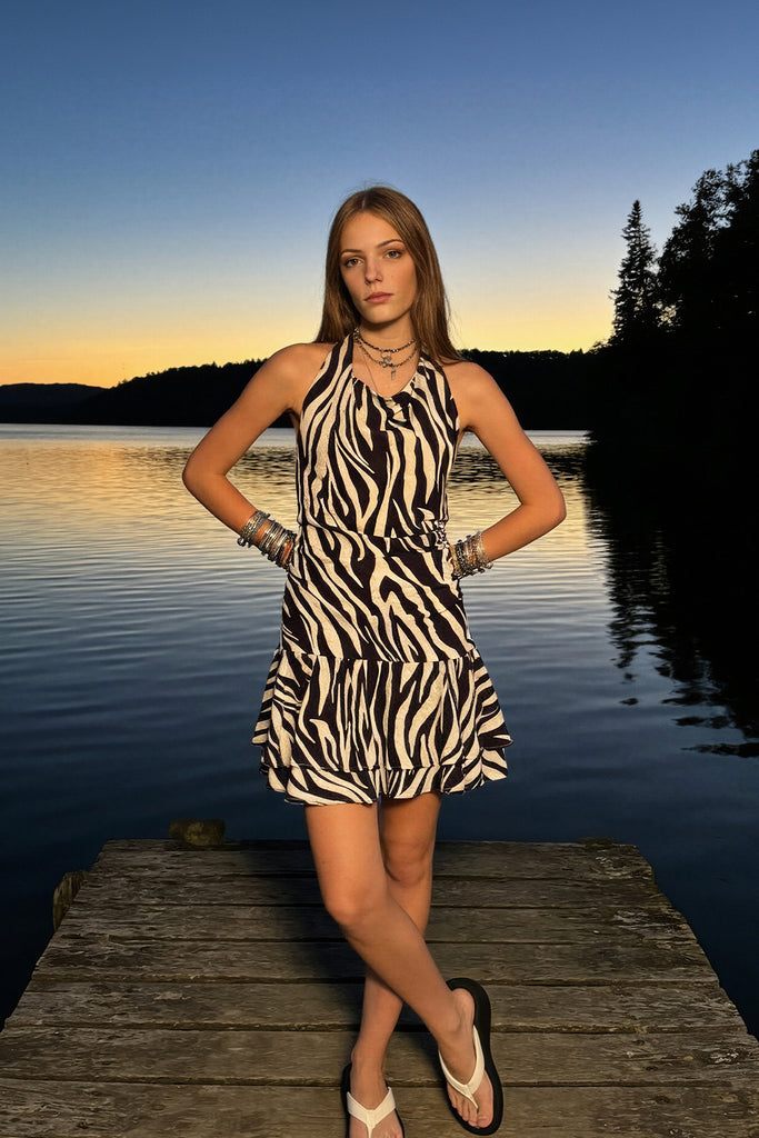 Zebra Desenli Halter Yaka Mini Elbise Kahverengi