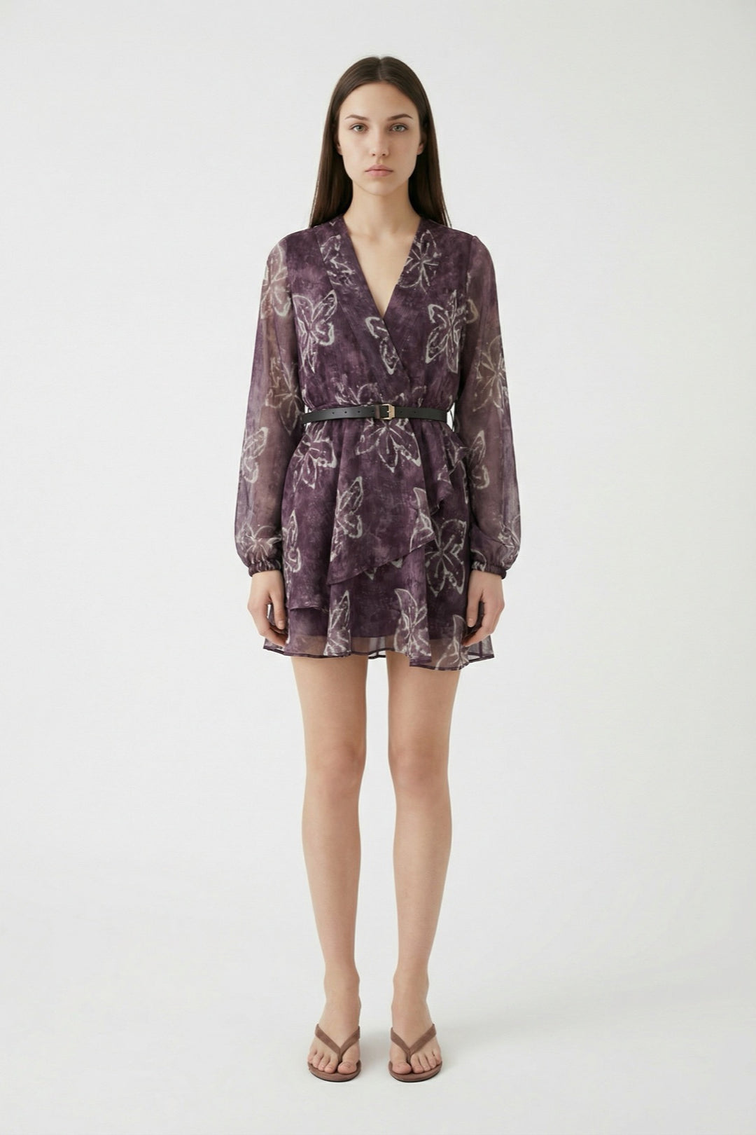 Çiçek Desenli Kemerli Şifon Mini Elbise Kahverengi