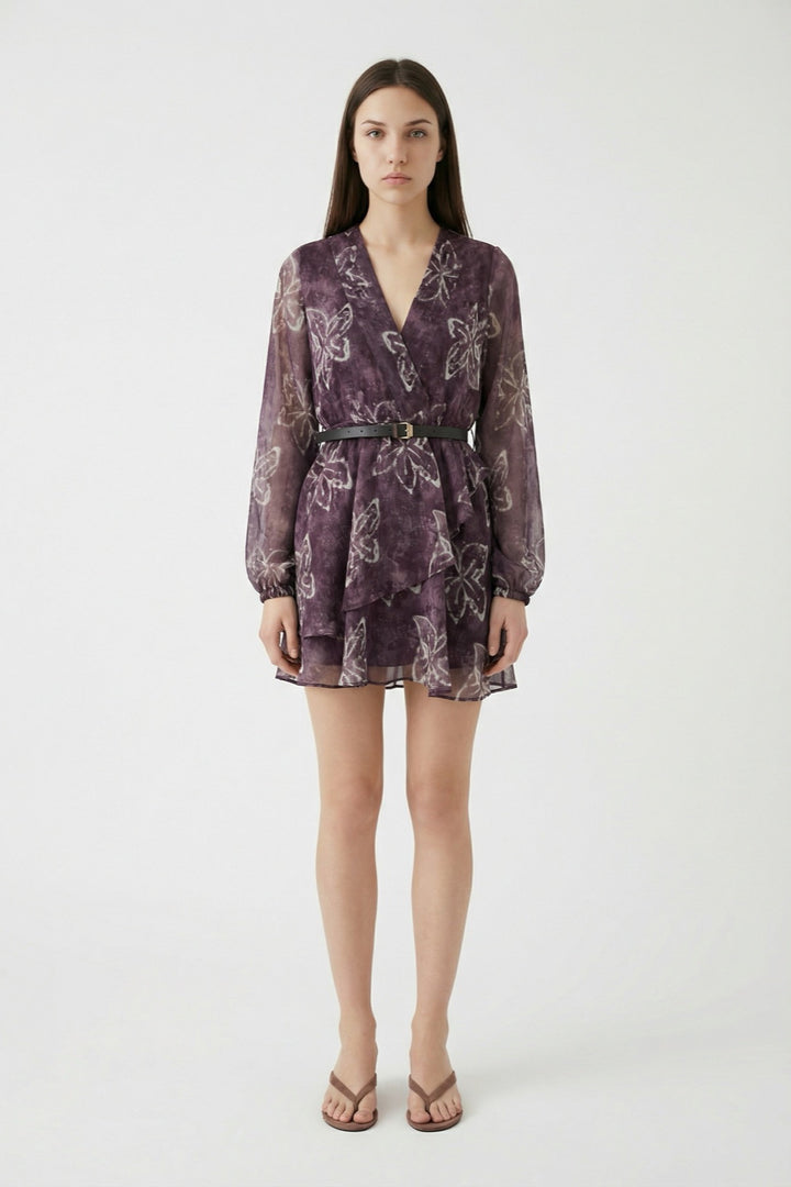 Çiçek Desenli Kemerli Şifon Mini Elbise Kahverengi