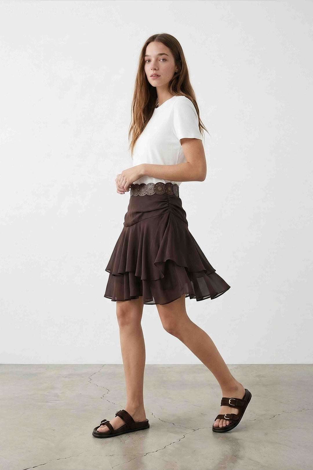 Kemerli Volanlı Kombine Mini Elbise Ekru