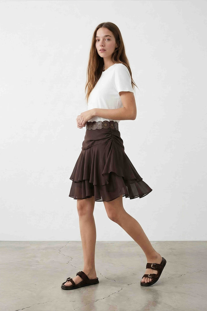 Kemerli Volanlı Kombine Mini Elbise Ekru