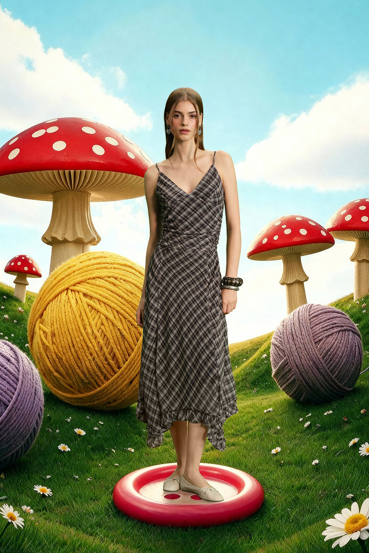 Asimetrik Drapeli Ekose Midi Elbise Siyah