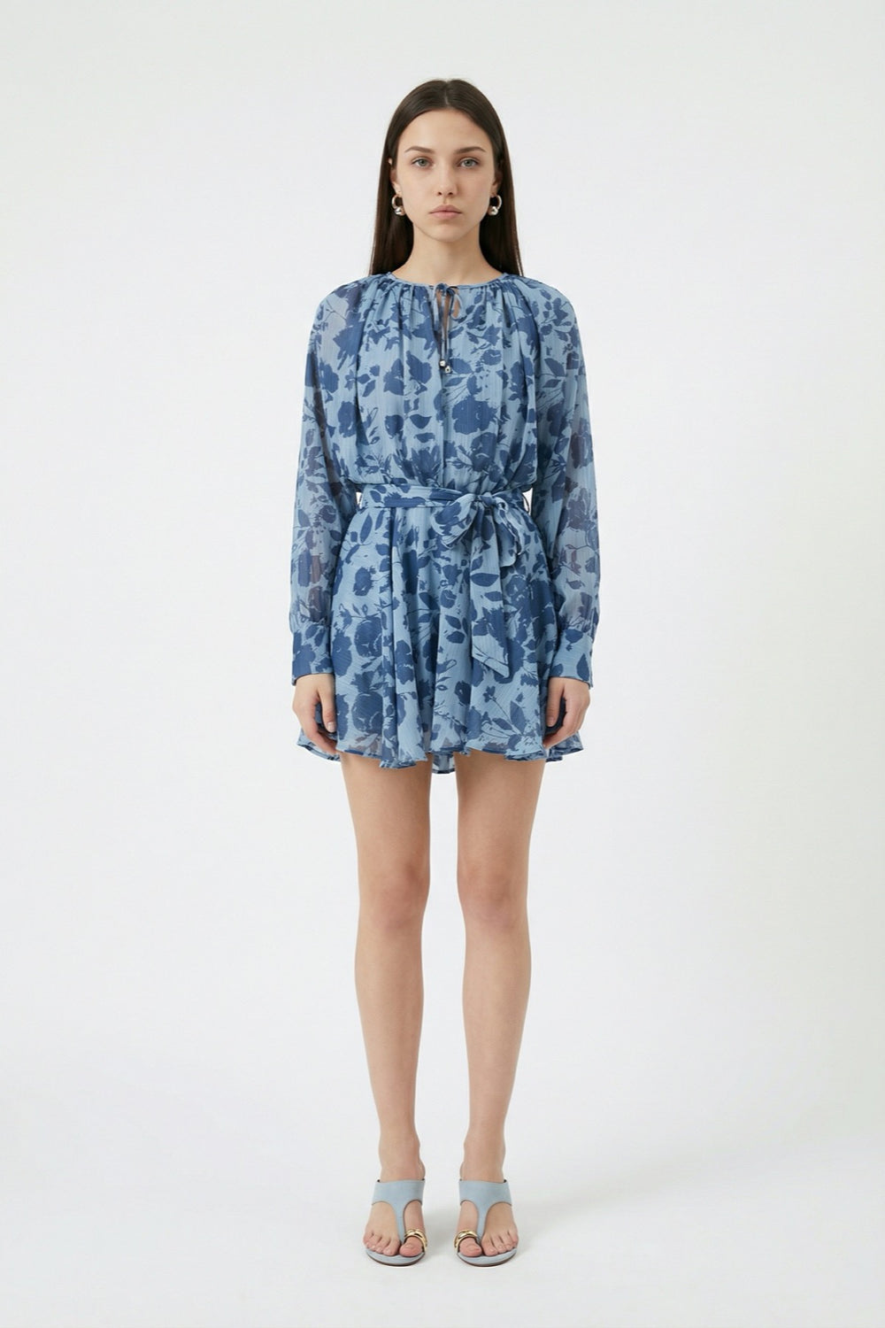 Çiçek Desenli Bağcıklı Mini Elbise Mavi