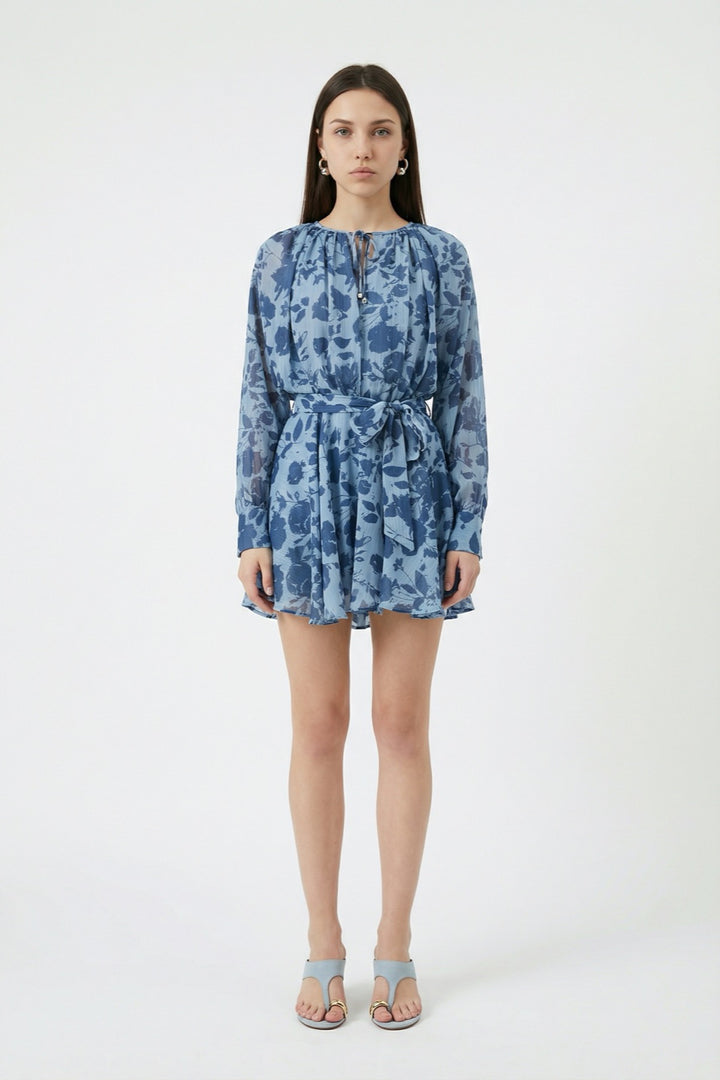 Çiçek Desenli Bağcıklı Mini Elbise Mavi