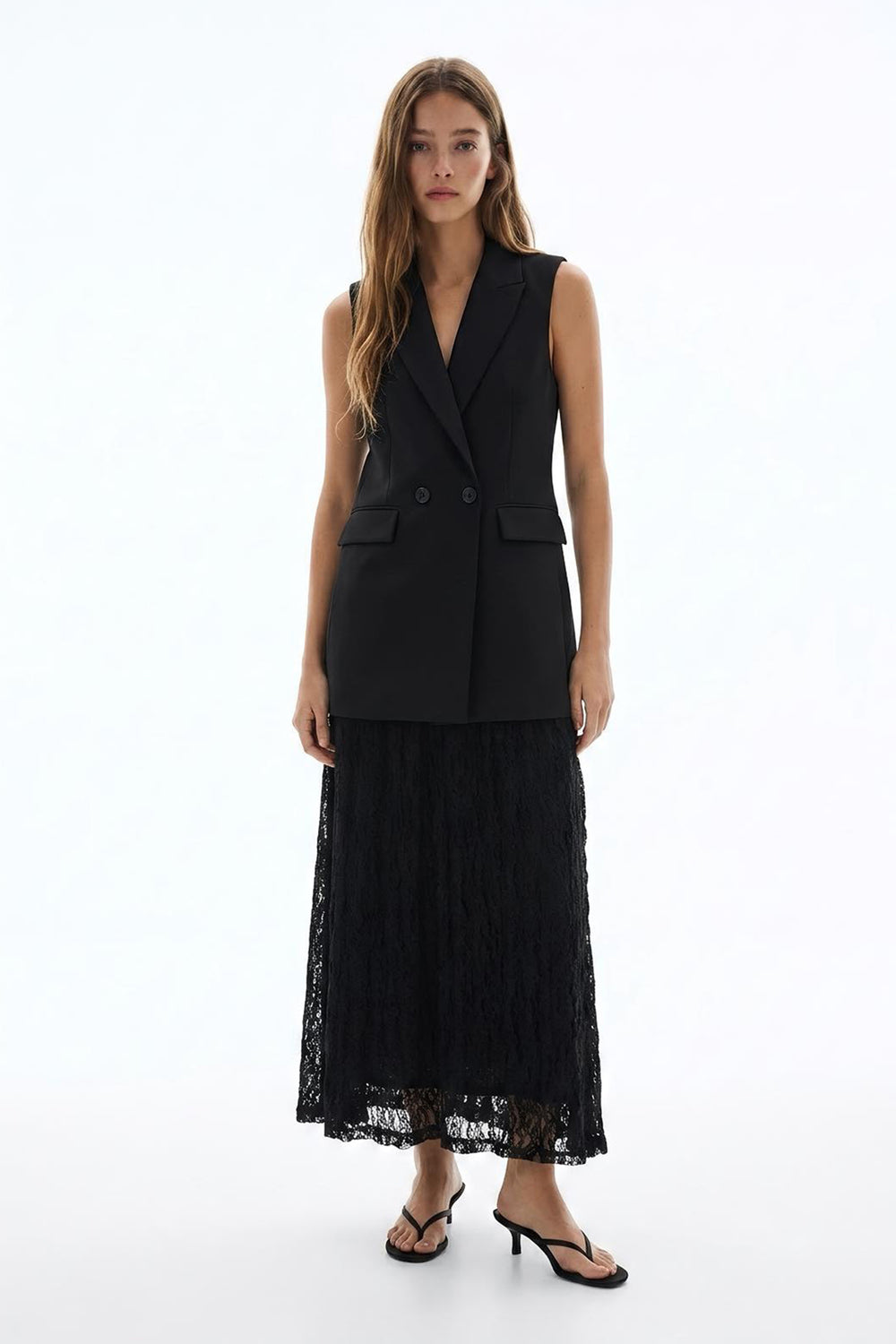 Dantel Etekli Yelek Elbise Siyah