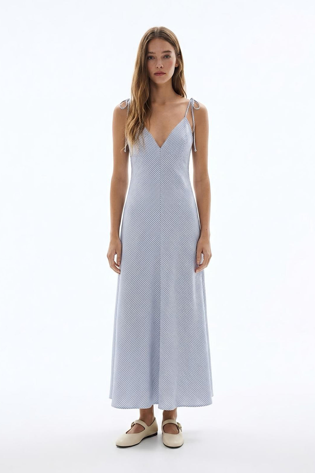 Sırtı Açık Bağlamalı Çizgili Uzun Elbise Mavi