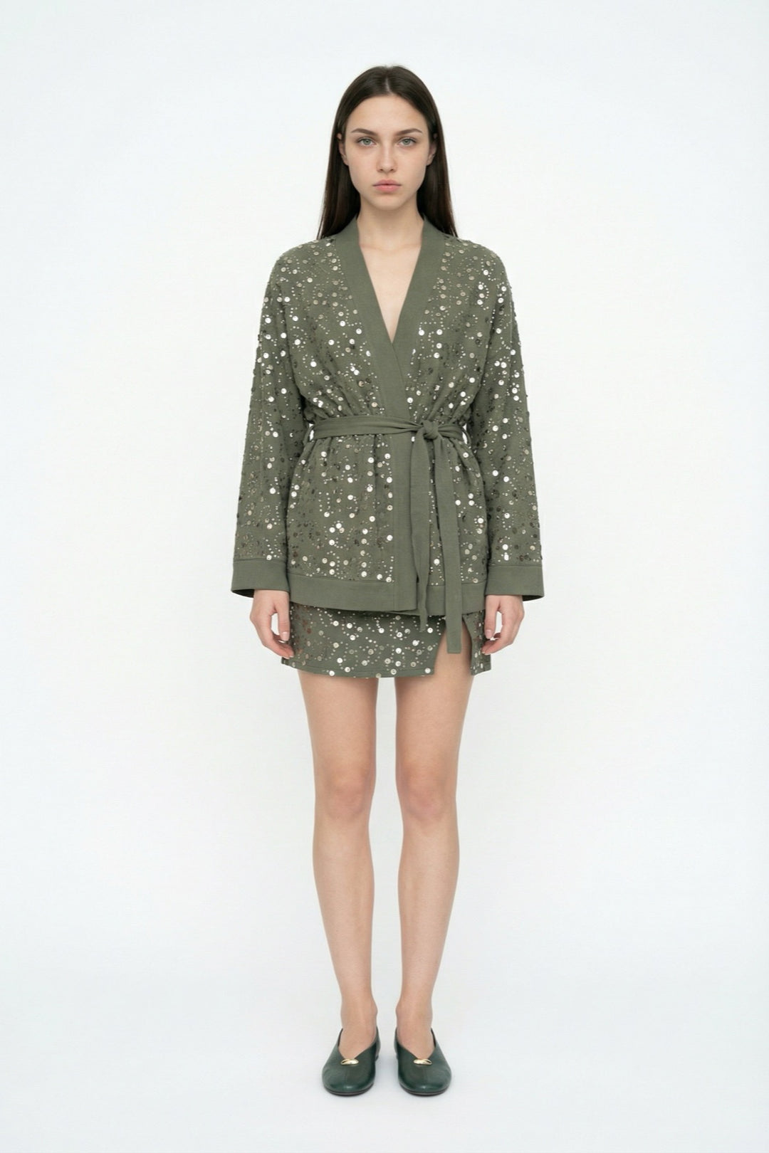 Pul İşlemeli Anvelop Mini Etek Haki