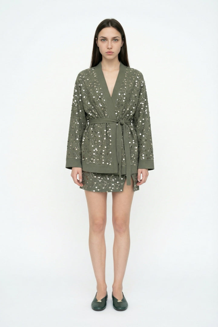 Pul İşlemeli Anvelop Mini Etek Haki