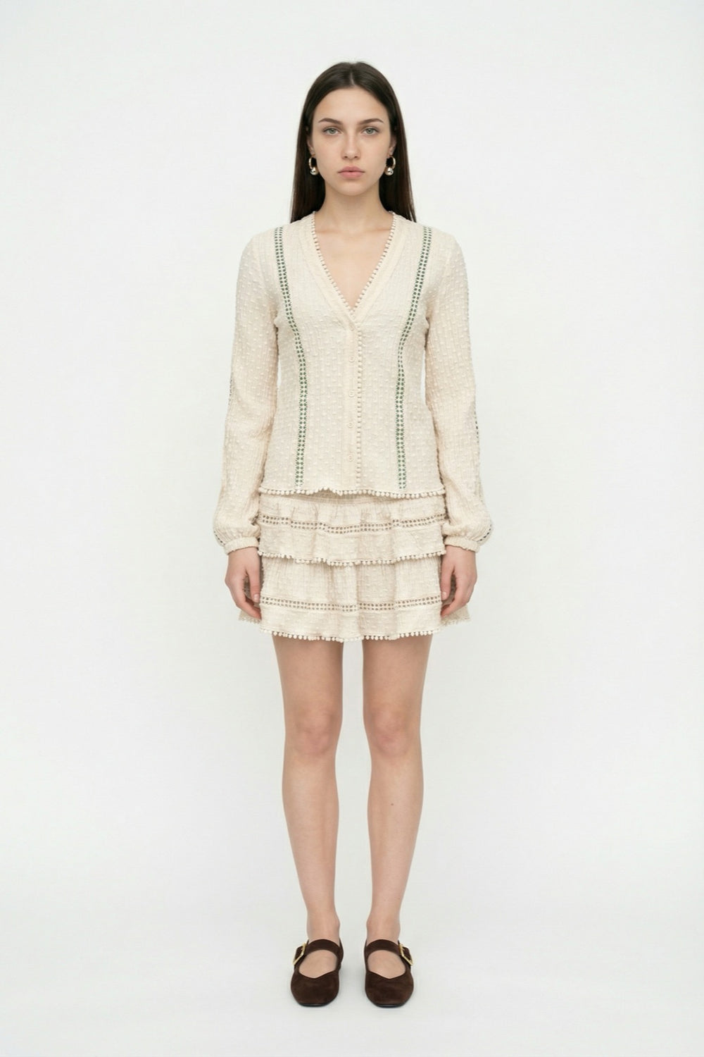 Beli Lastikli Dokulu Fırfırlı Mini Etek Bej