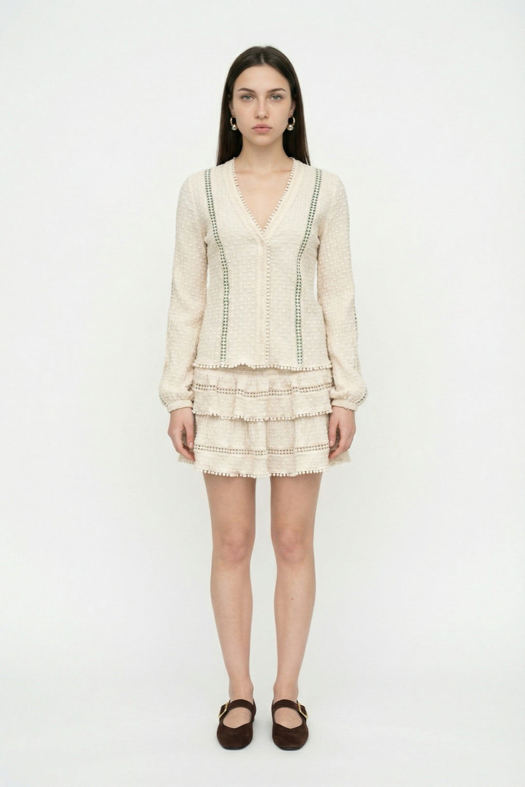 Beli Lastikli Dokulu Fırfırlı Mini Etek Bej