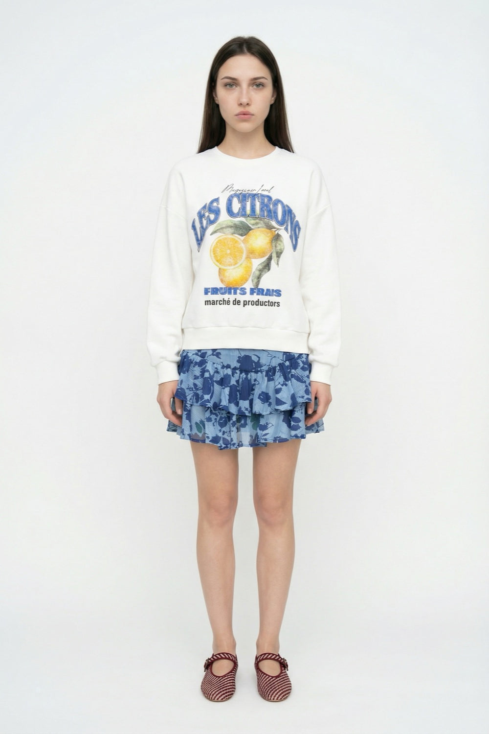 Çiçek Desenli Volanlı Mini Etek Mavi