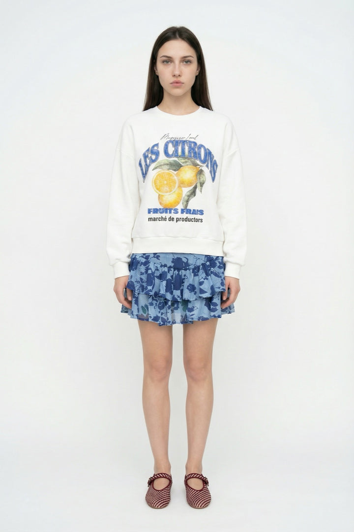 Çiçek Desenli Volanlı Mini Etek Mavi