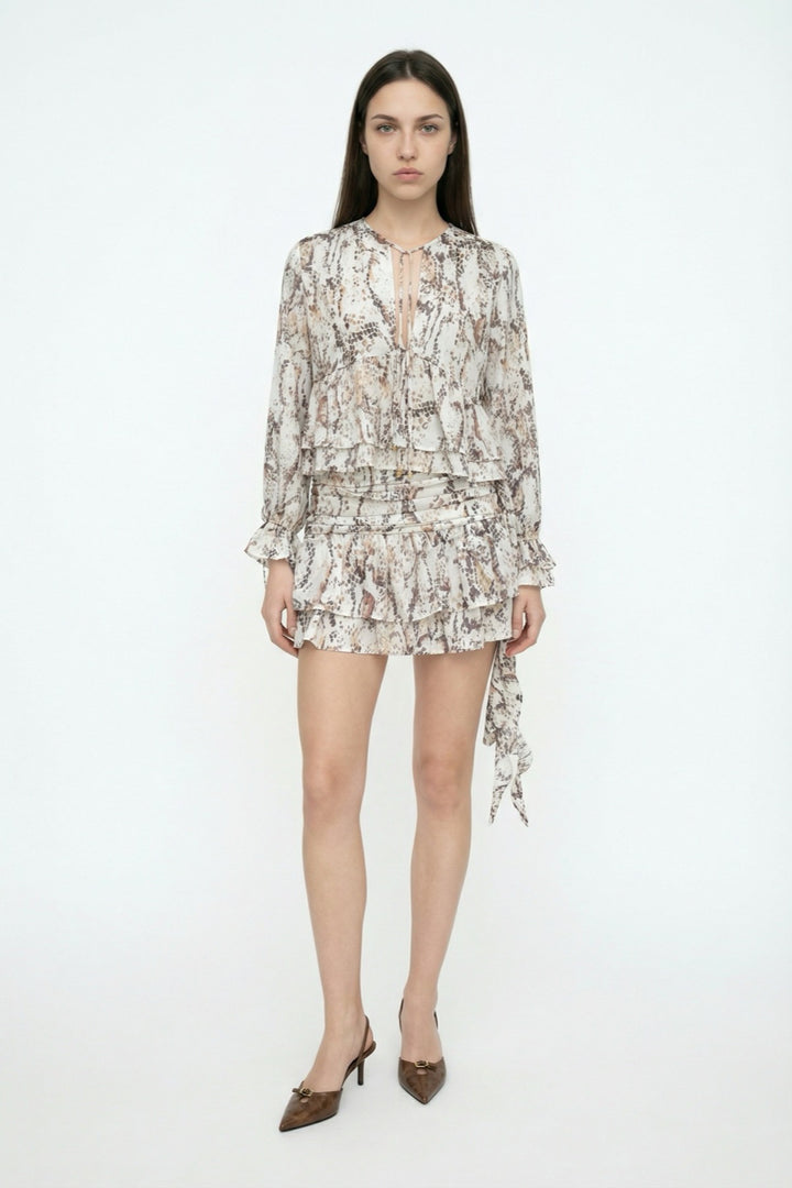 Desenli Fırfırlı Mini Etek Bej