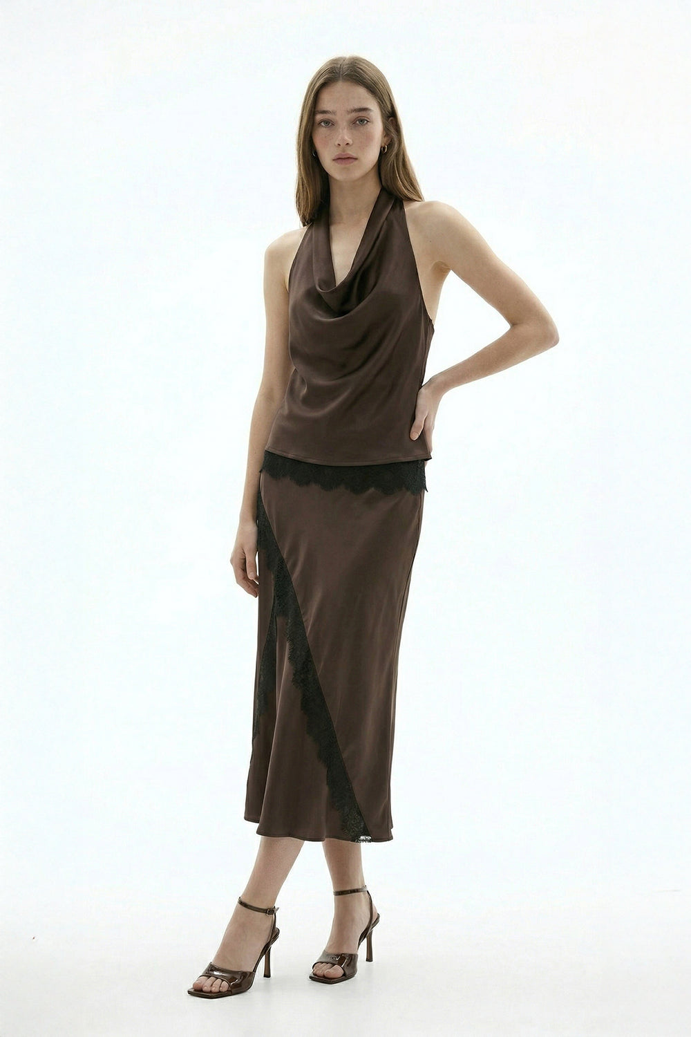 Dantel Şeritli Saten Midi Etek Kahverengi