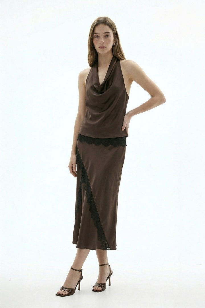 Dantel Şeritli Saten Midi Etek Kahverengi