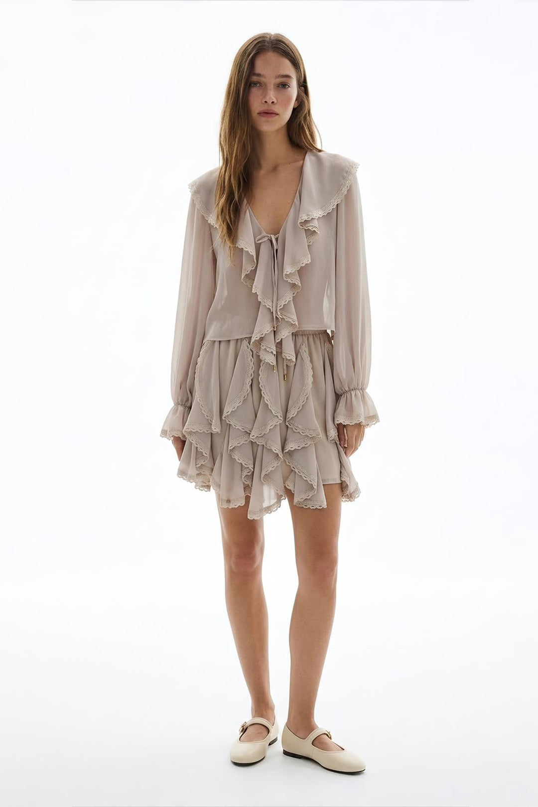 Beli Lastikli Dantel Şeritli Mini Etek Bej