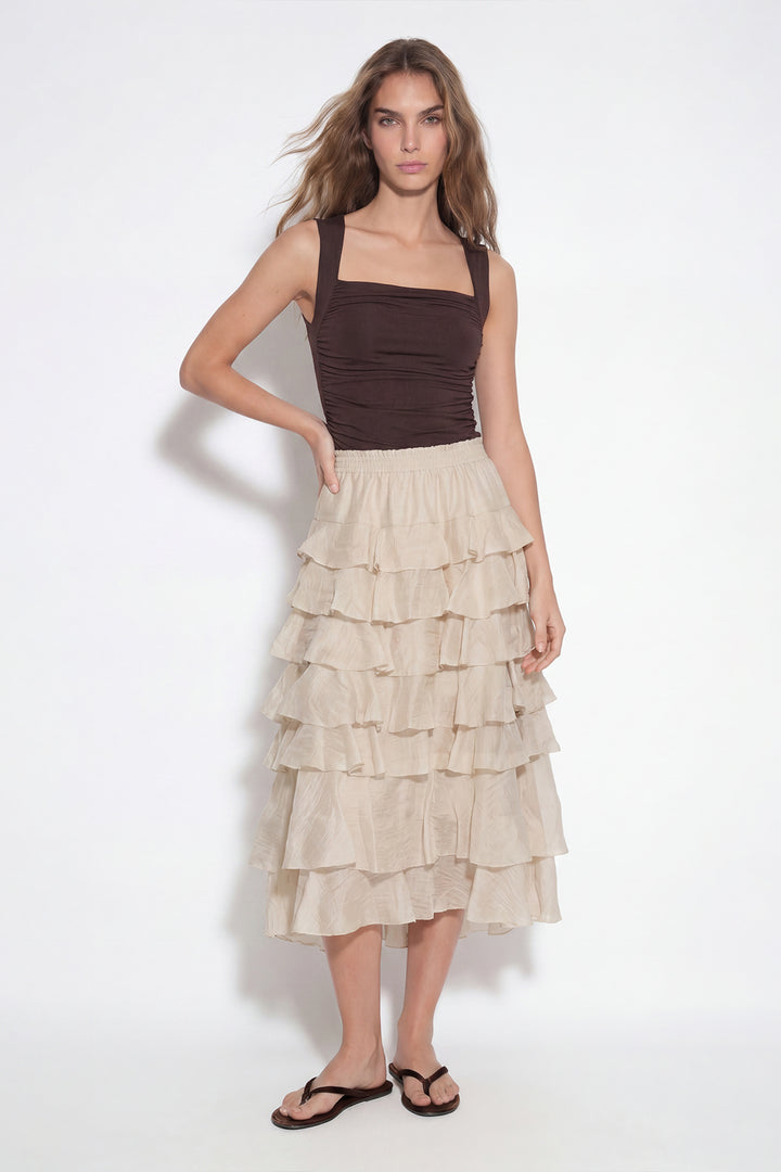 Beli Lastikli Katlı Fırfırlı Midi Etek Taş