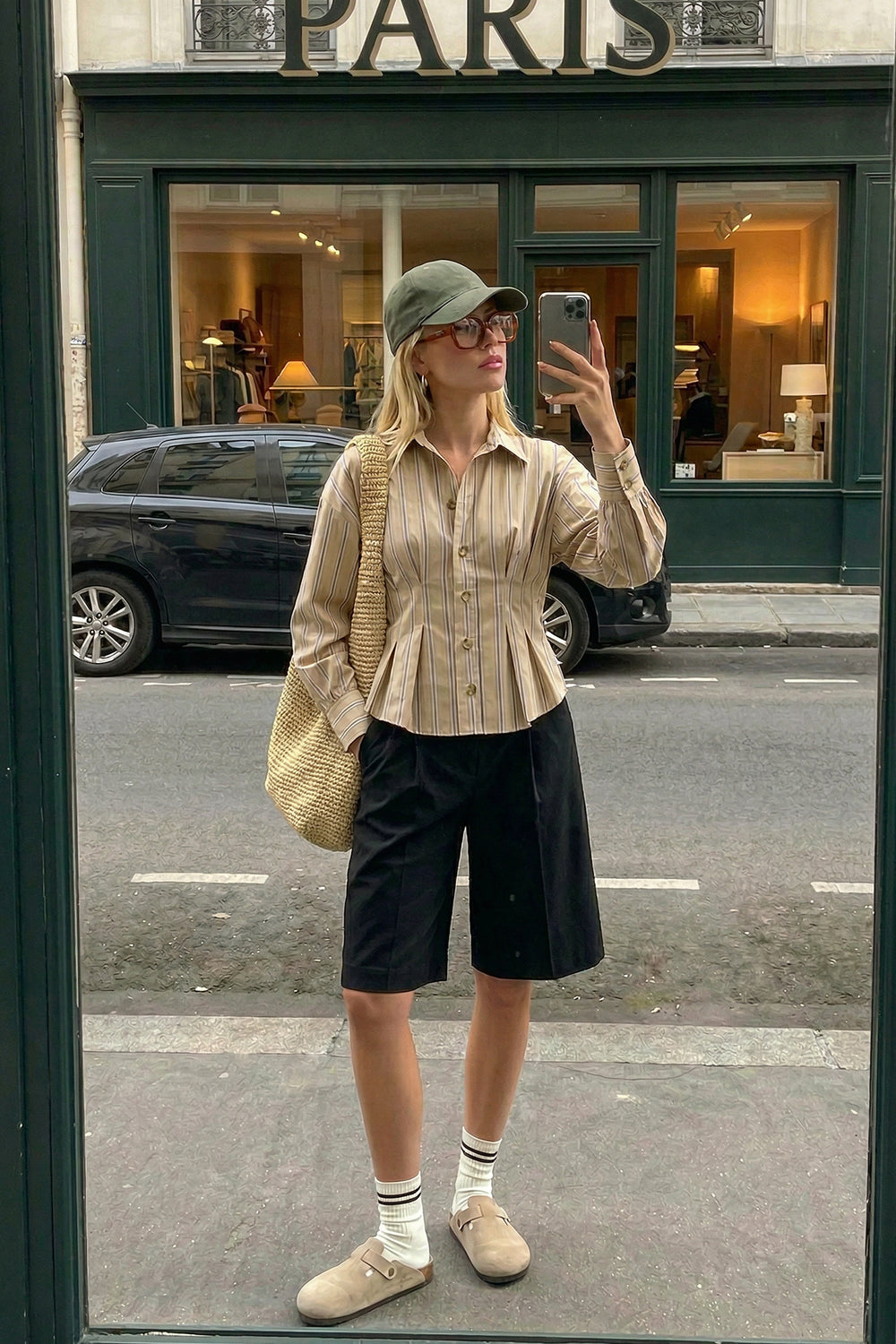 Çizgili Bele Oturan Gömlek Bej