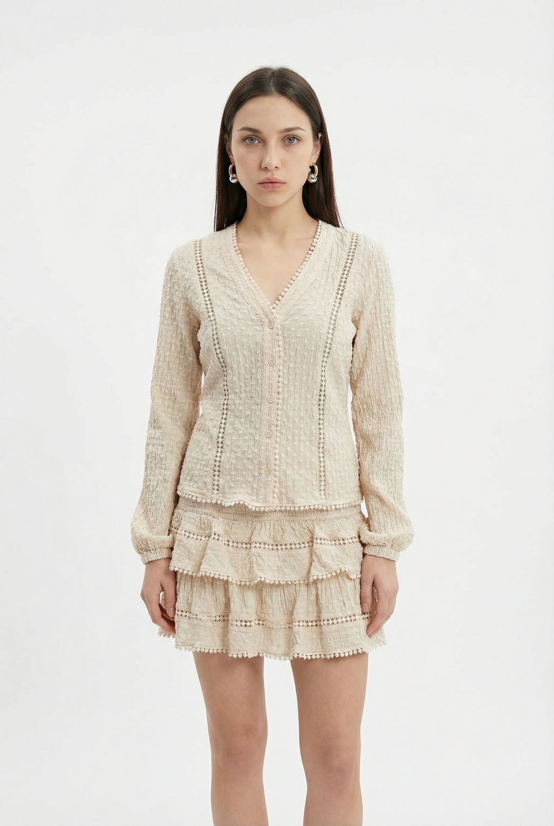 V Yaka Dokulu Gömlek Bej