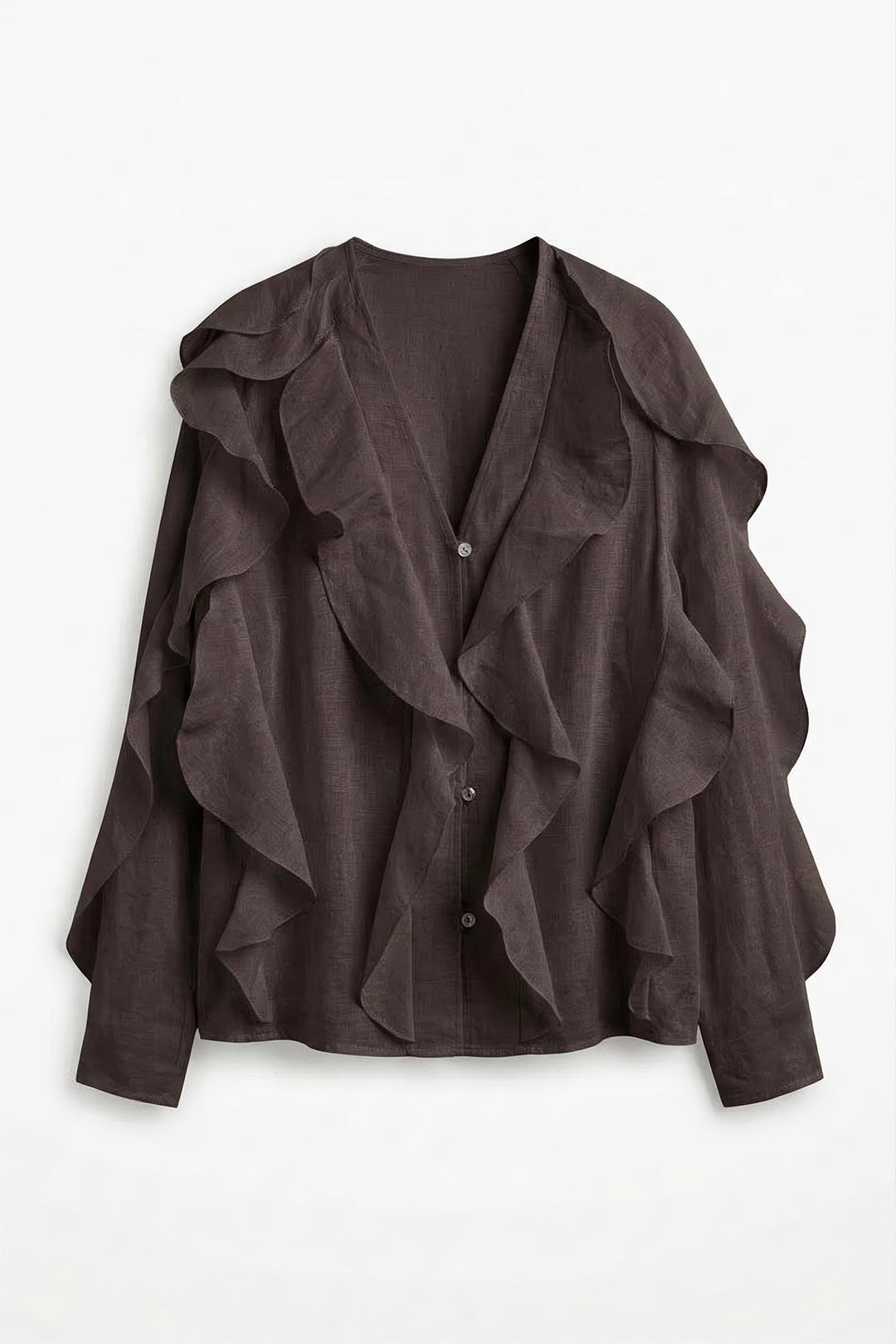 V Yaka Fırfırlı Transparan Gömlek Kahverengi