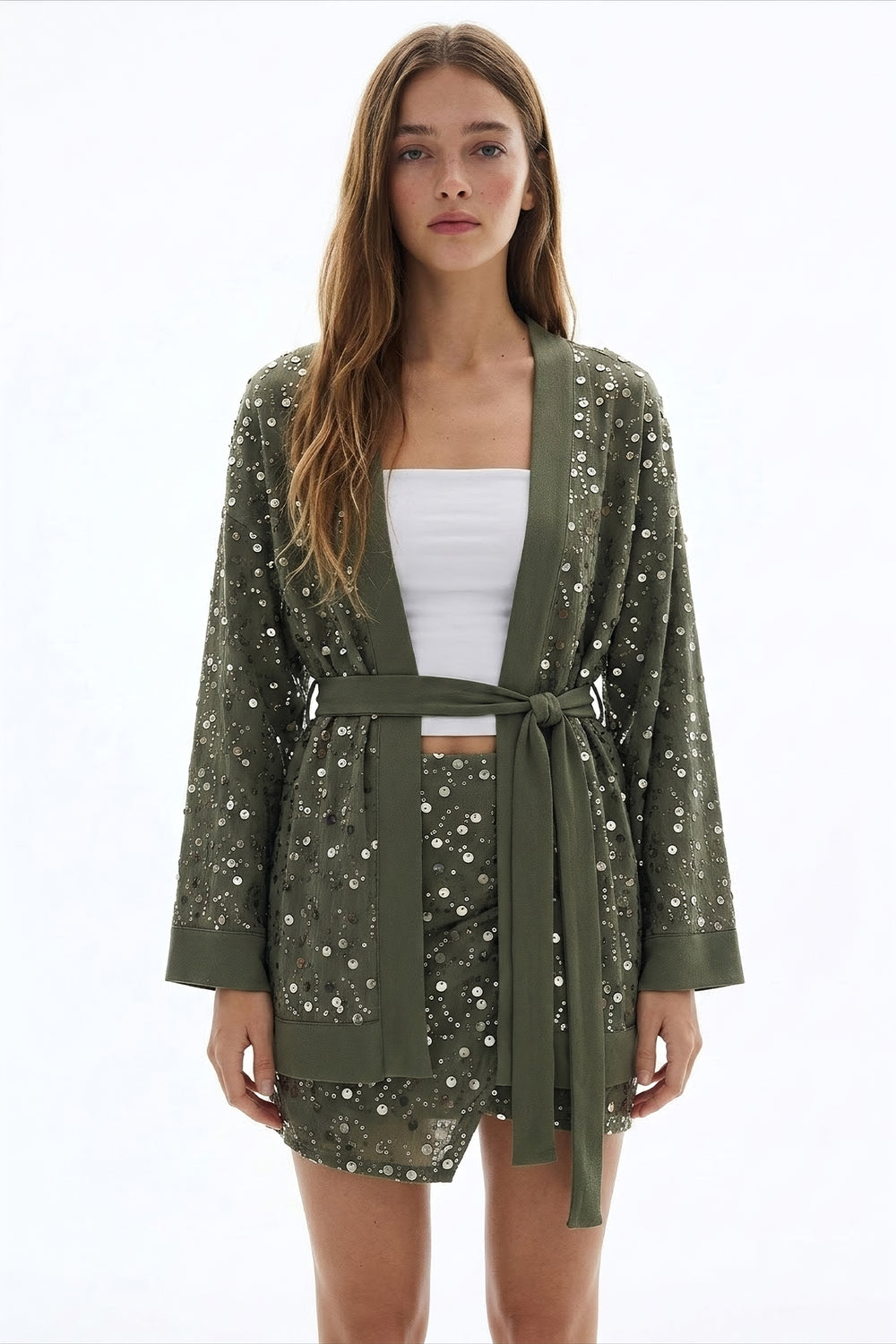 Pul İşlemeli Kuşaklı Kısa Kimono Haki