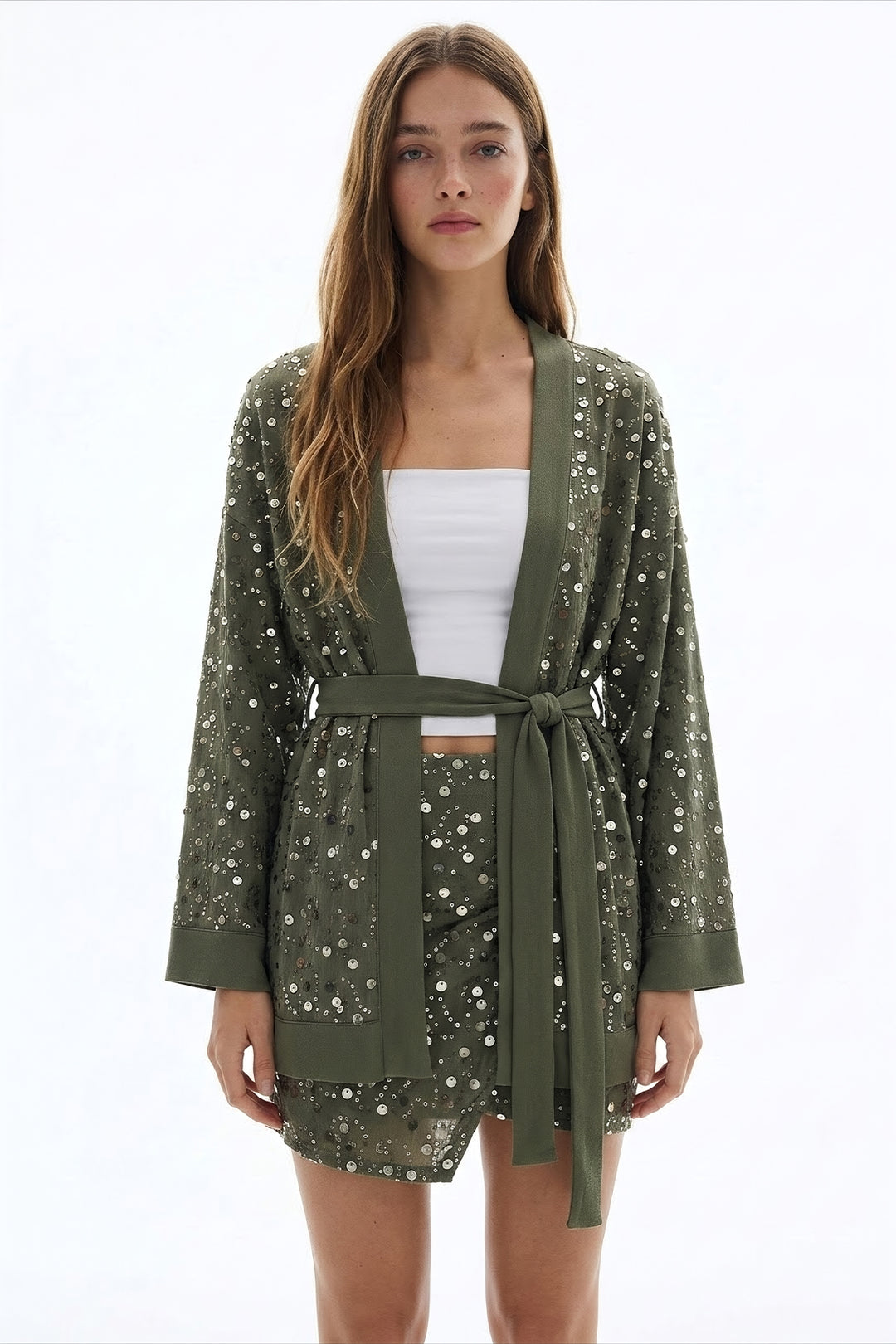 Pul İşlemeli Kuşaklı Kısa Kimono Haki