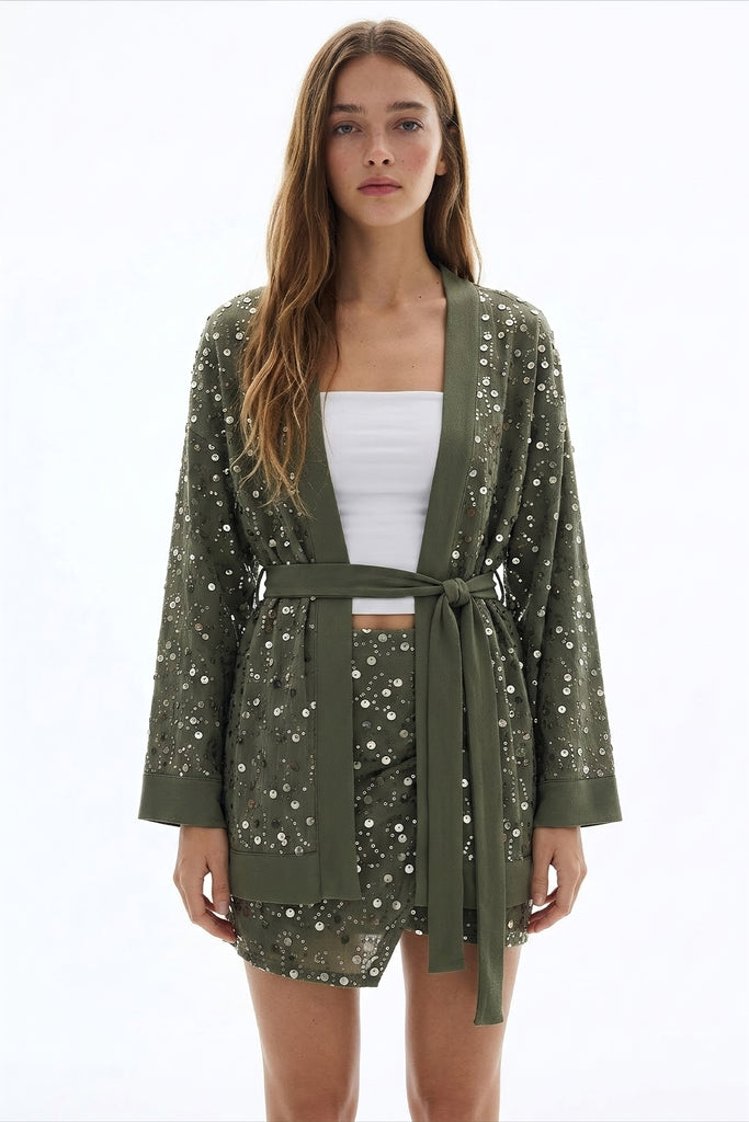 Pul İşlemeli Kuşaklı Kısa Kimono Haki