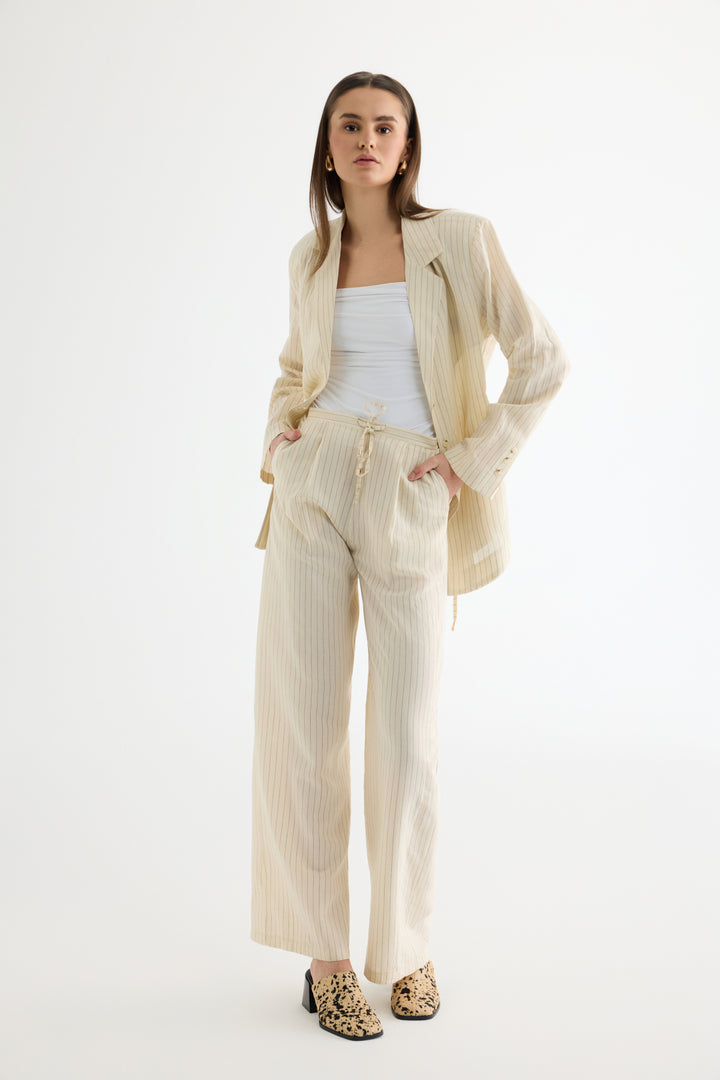 Çizgili Bağcıklı Bol Paça Pantolon Ekru