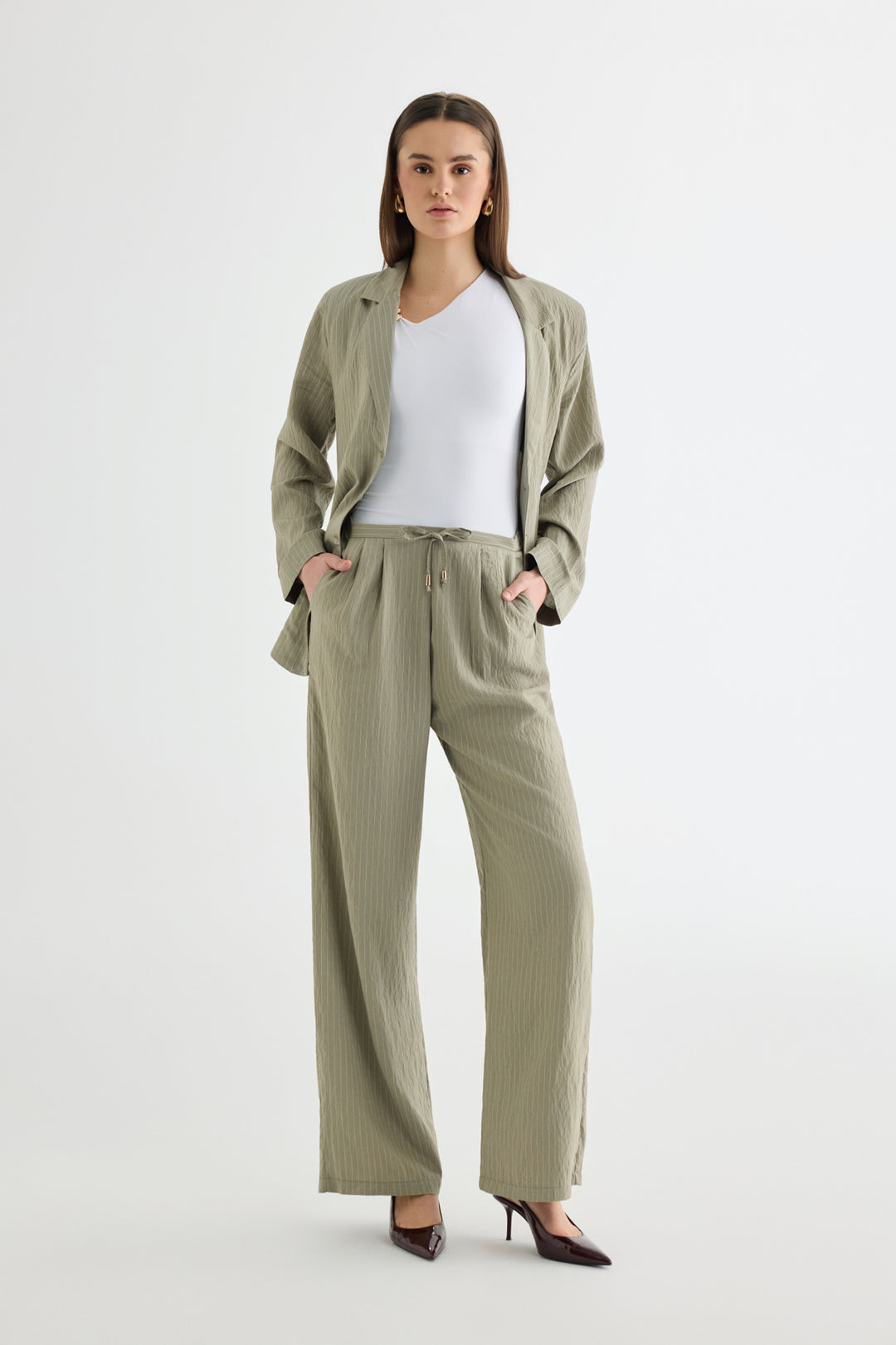 Çizgili Bağcıklı Bol Paça Pantolon Haki