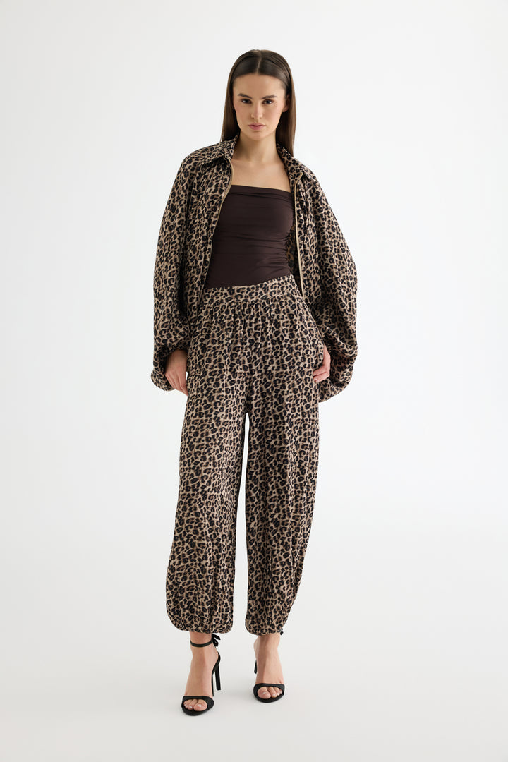 Leopar Desenli Saten Jogger Pantolon Kahverengi