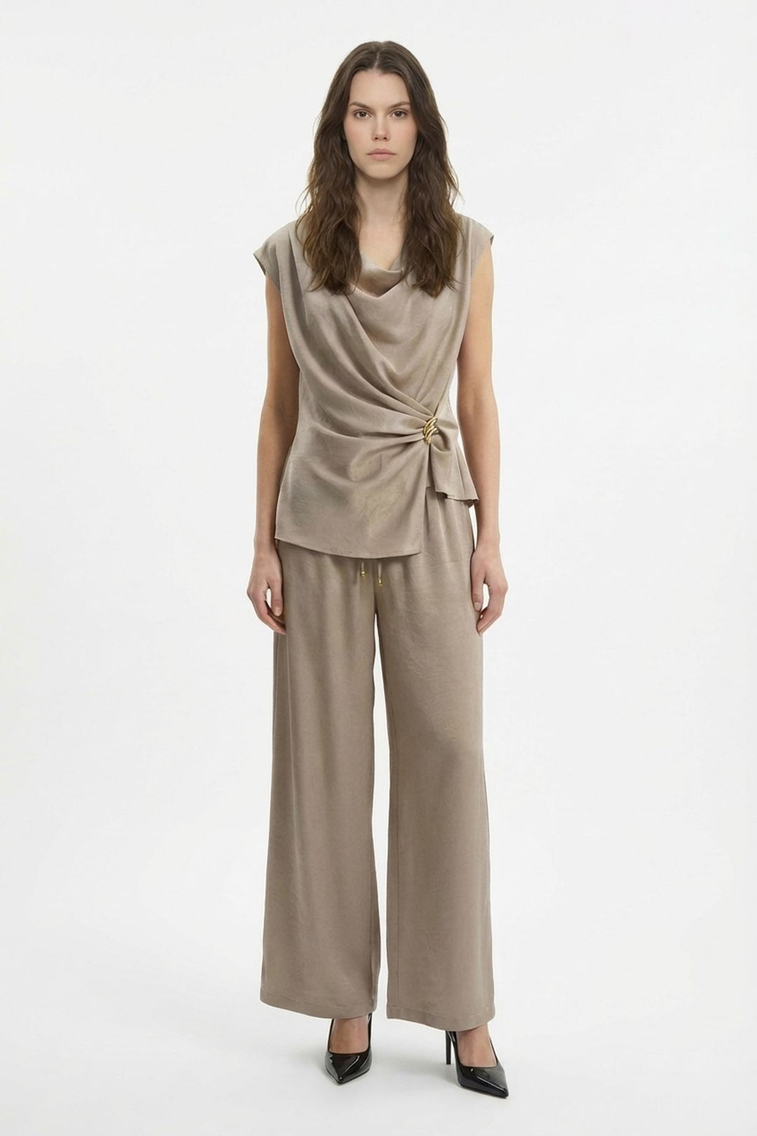 Beli Bağcıklıi Bol Paça Saten Pantolon Vizon