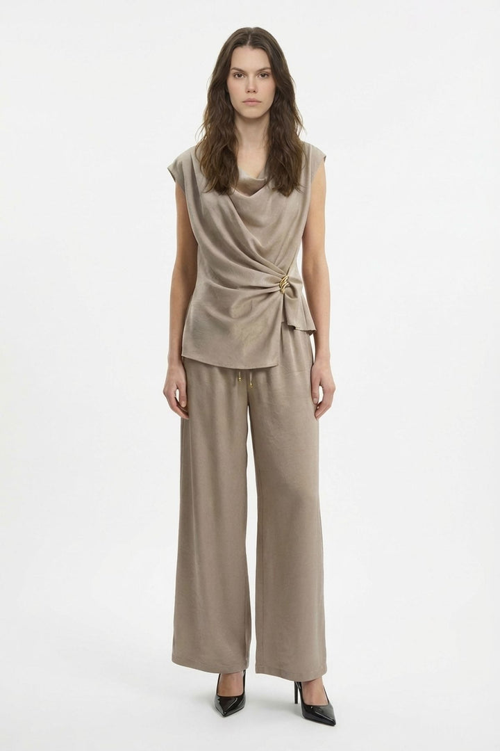 Beli Bağcıklı Bol Paça Saten Pantolon Vizon