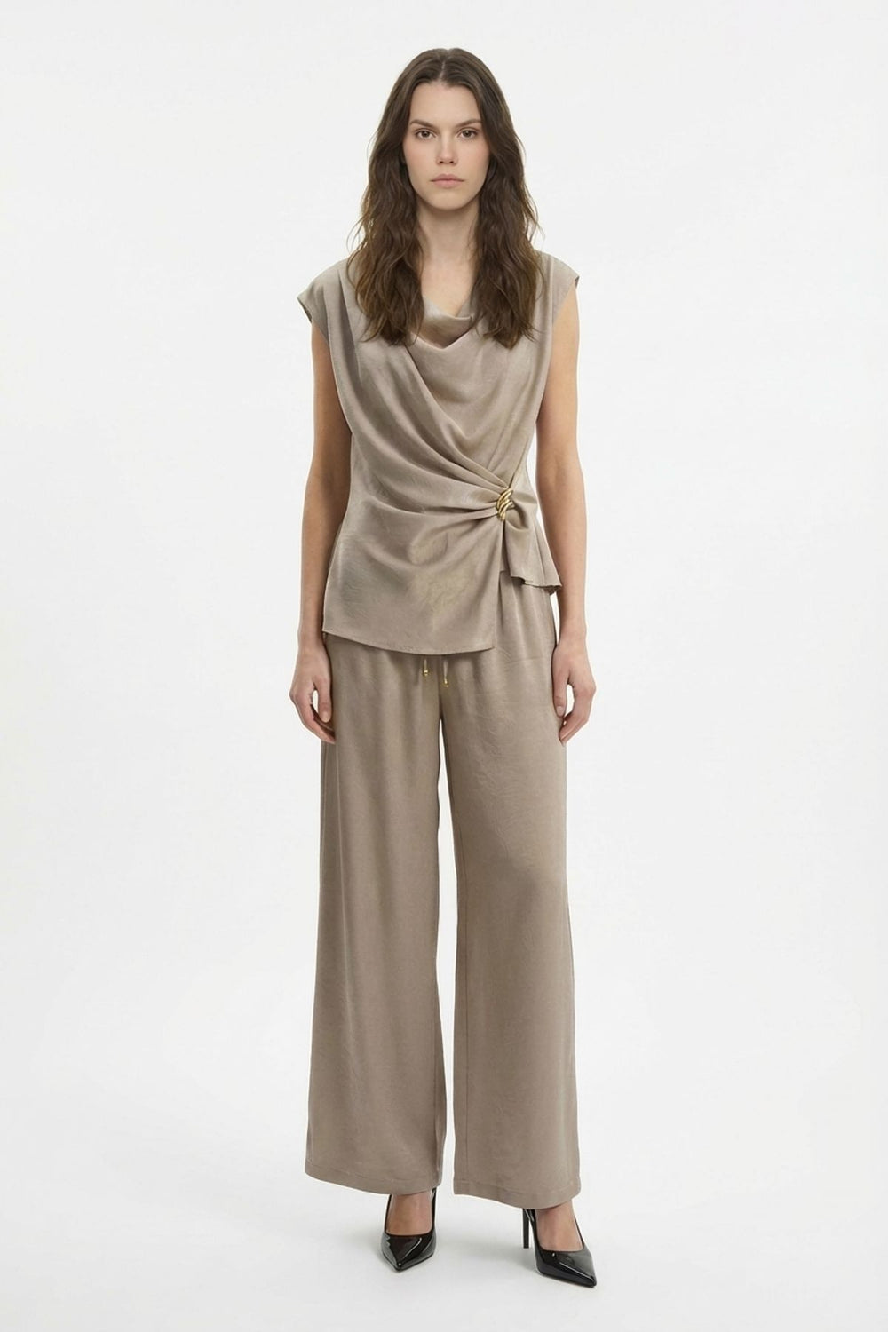 Beli Bağcıklı Bol Paça Saten Pantolon Vizon