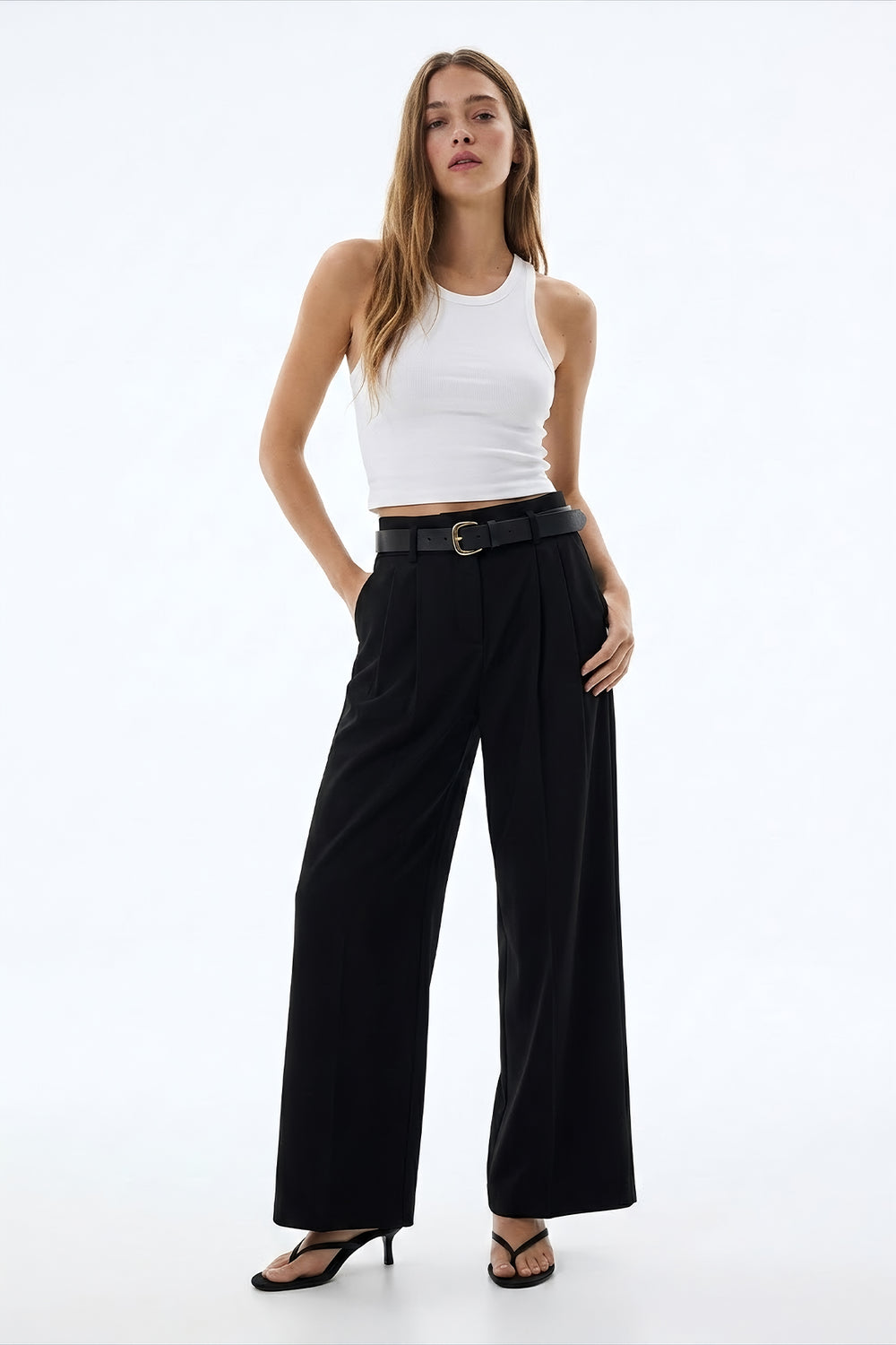 Yüksek Bel Kemerli Pileli Pantolon Siyah