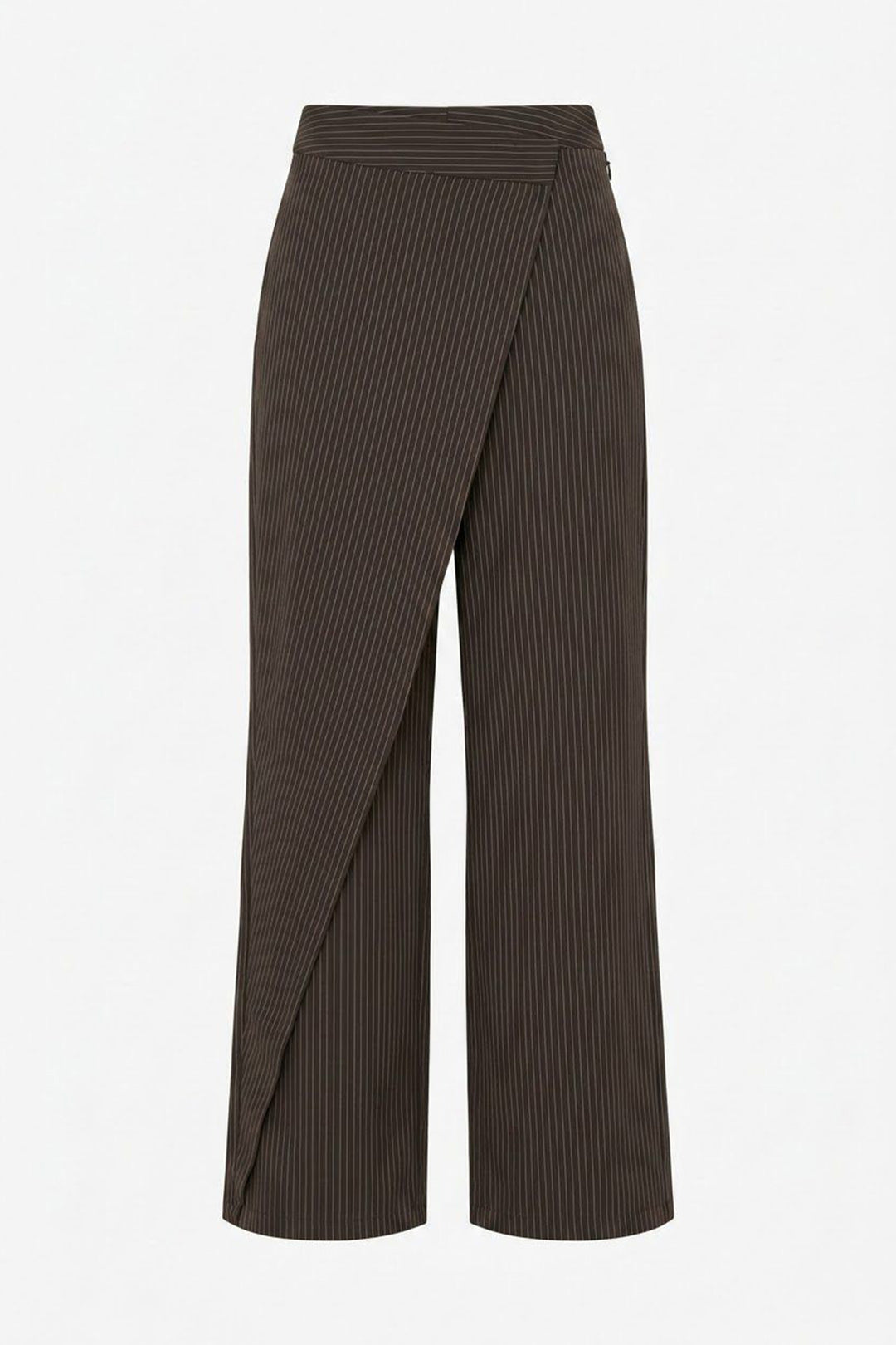 Kruvaze Kapamalı Çizgili Pantolon Kahverengi