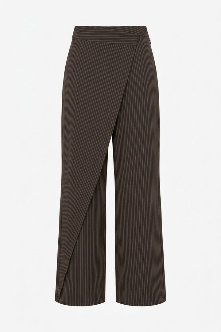 Kruvaze Kapamalı Çizgili Pantolon Kahverengi
